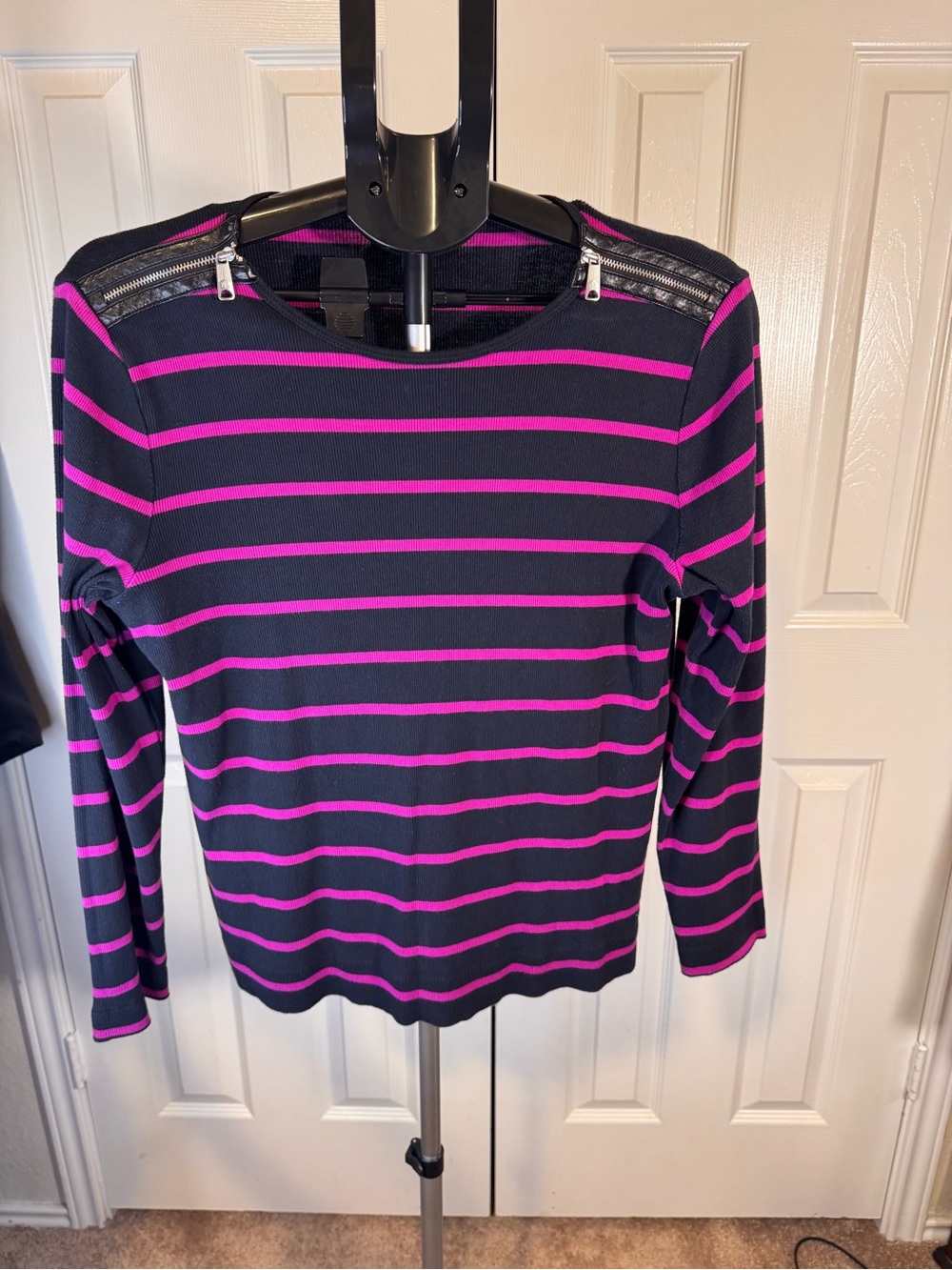 Ralph Lauren Black and Magenta Striped Long-Sleeve Top with Shoulder Zippers
